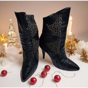 Two Lips Black Leather Boots With Chains Vintage 1980 Size 6 Roughrider